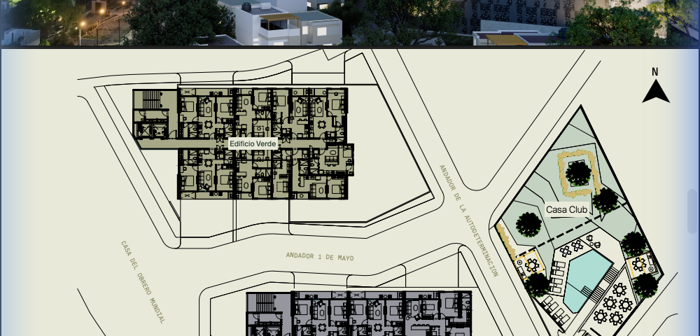 Plano del conjunto VerdeMorada — Edificio Verde, Edificio Morada y Casa Club